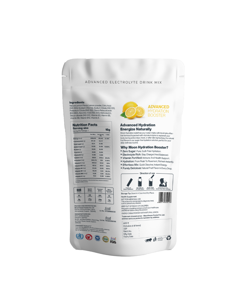 Pack of Moon Lemon Lunar Hydration Booster from MOONFREEZE FOODS PRIVATE LIMITED showcasing its nutritional facts label and hydration booster benefits, with a refreshing lemon flavor.