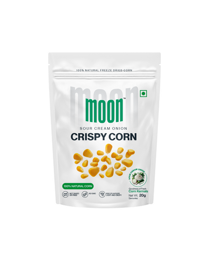 A bag of perfectly seasoned Freeze Dried Crispy Corn Sour Cream & Onion from MOONFREEZE FOODS PRIVATE LIMITED on a white background.