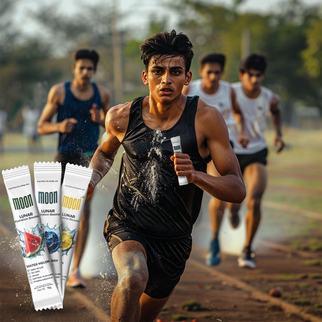 A group of male runners on a track, with one runner in focus drinking from a pouch. The foreground displays the product packaging of Moon Lunar Watermelon Hydration Stick Pack of 2 by MOONFREEZE FOODS PRIVATE LIMITED.
