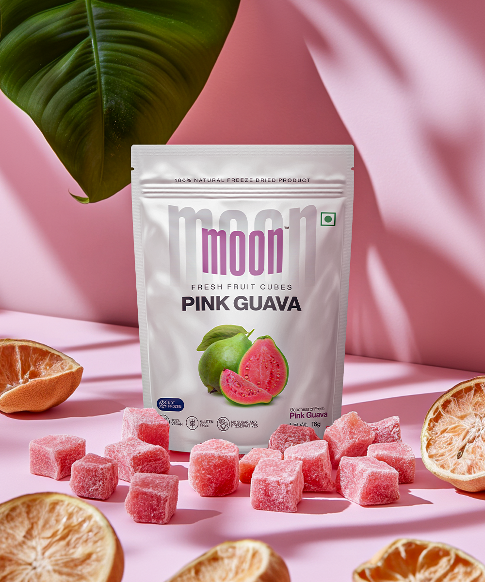 Pink Guava freeze-dried fruit cubes beautifully displayed with a tropical vibe.