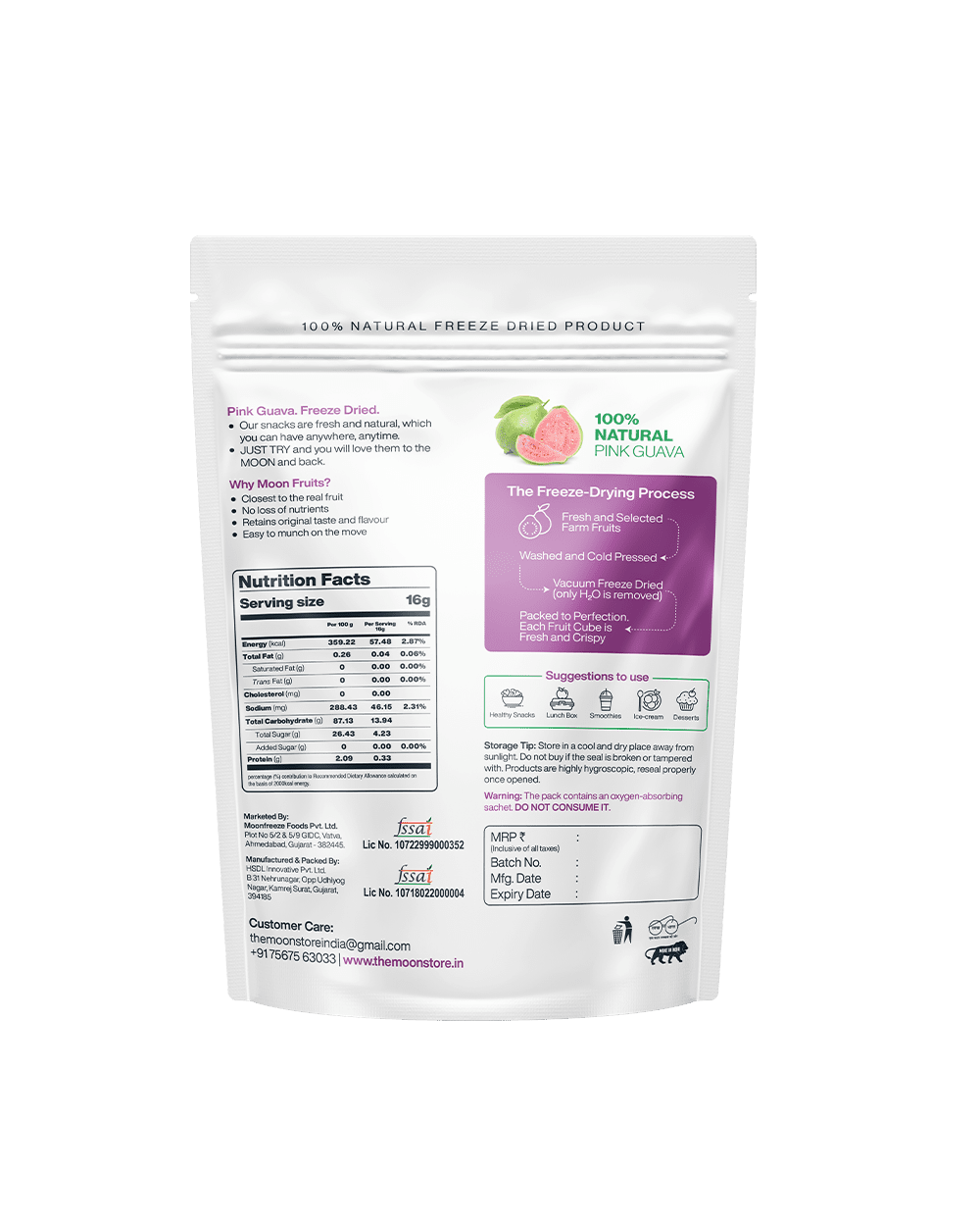 Pink Guava freeze-dried fruit cubes package with nutritional facts and product details.