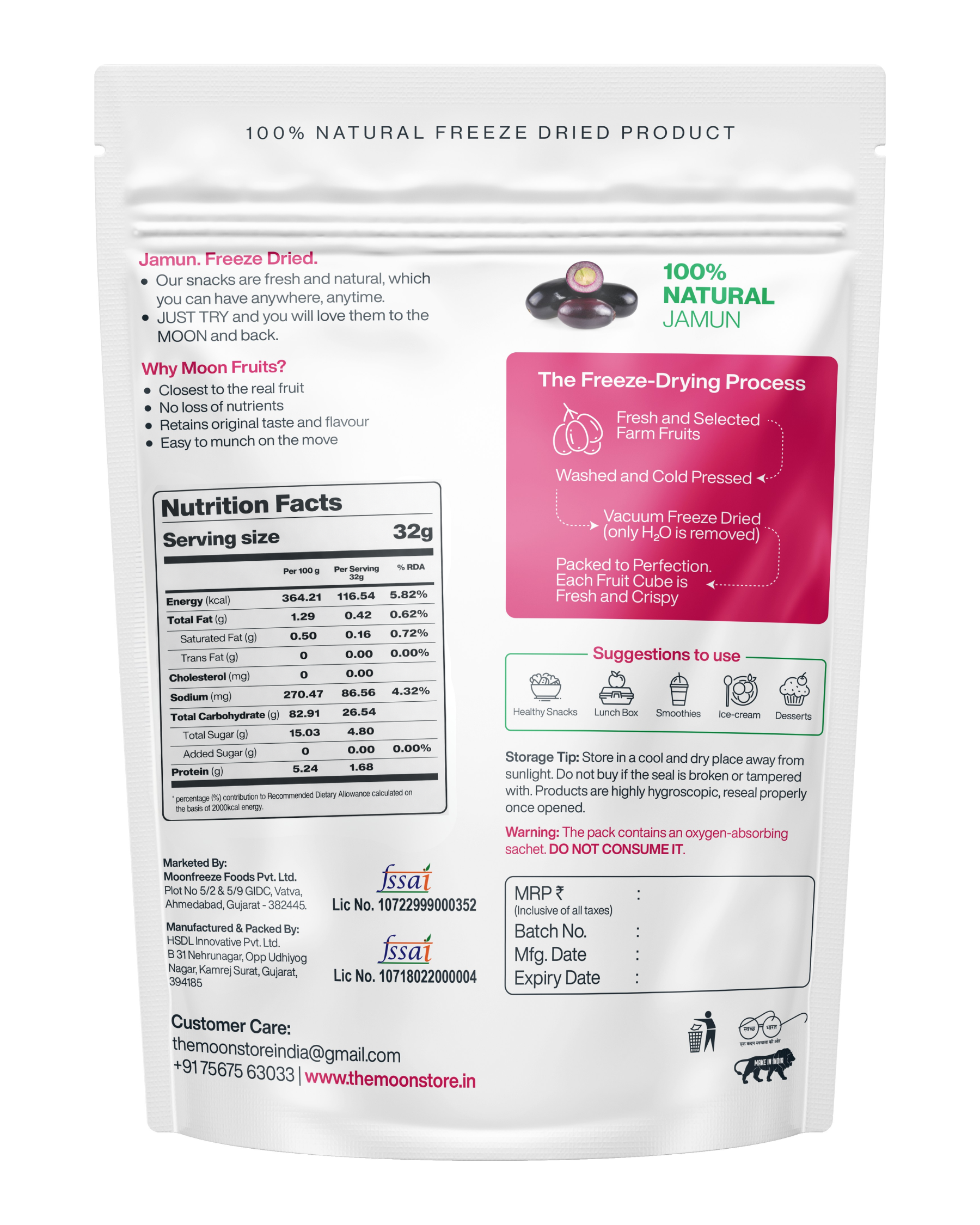 Back of a white Moon Freeze Dried Jamun Cubes pack by Themoonstoreindia, showing nutrition facts, freeze-drying process, and contact info—a tasty metabolism booster and natural way to curb sugar cravings.
