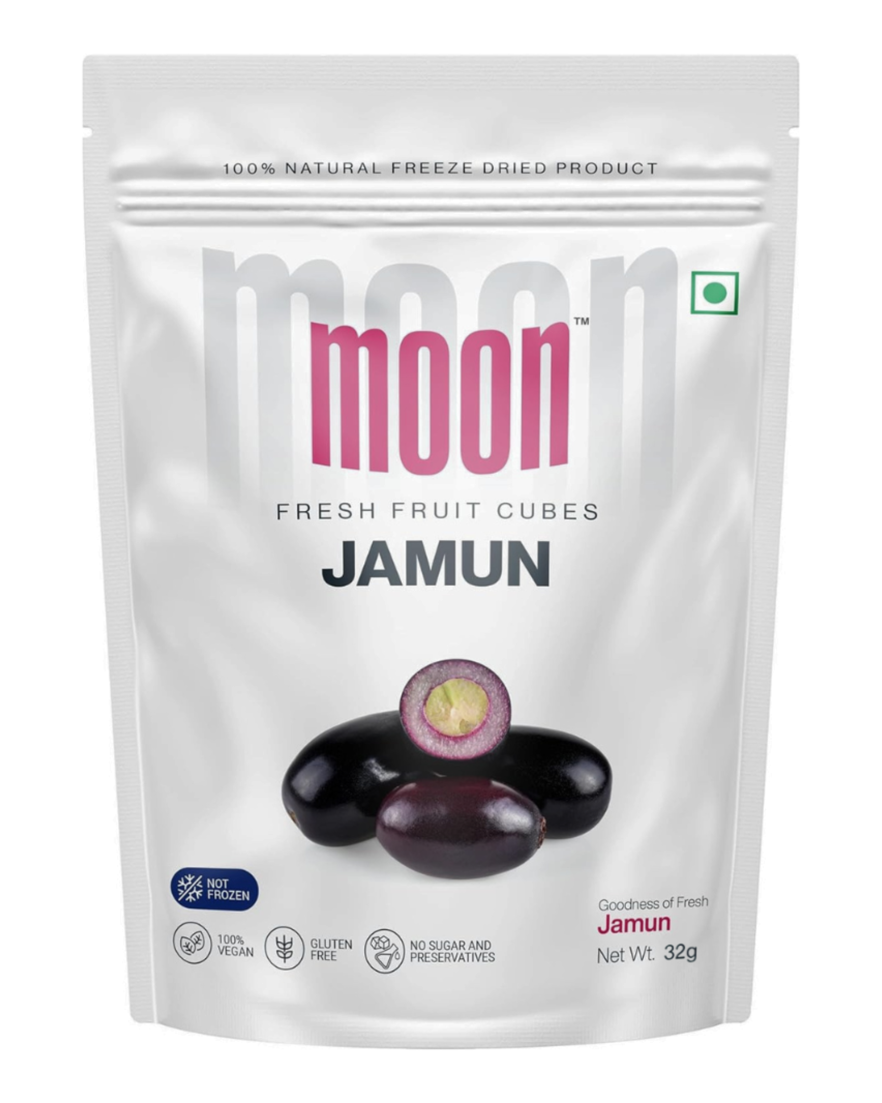 A white pouch labeled "Moon Freeze Dried Jamun Cubes" by Themoonstoreindia, featuring images of jamun fruit. These vegan, gluten-free cubes (32g) have no added sugar and help curb sugar cravings while supporting metabolism.