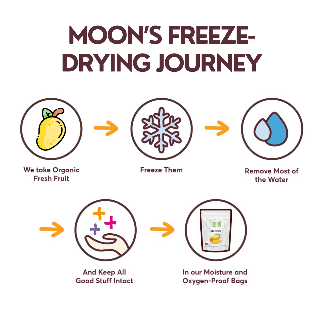 Illustration of moon's freeze-drying process for MOONFREEZE FOODS PRIVATE LIMITED Freeze Dried Mango Cube + Strawberry, showing steps from using fresh organic fruit to packaging in oxygen-proof bags.