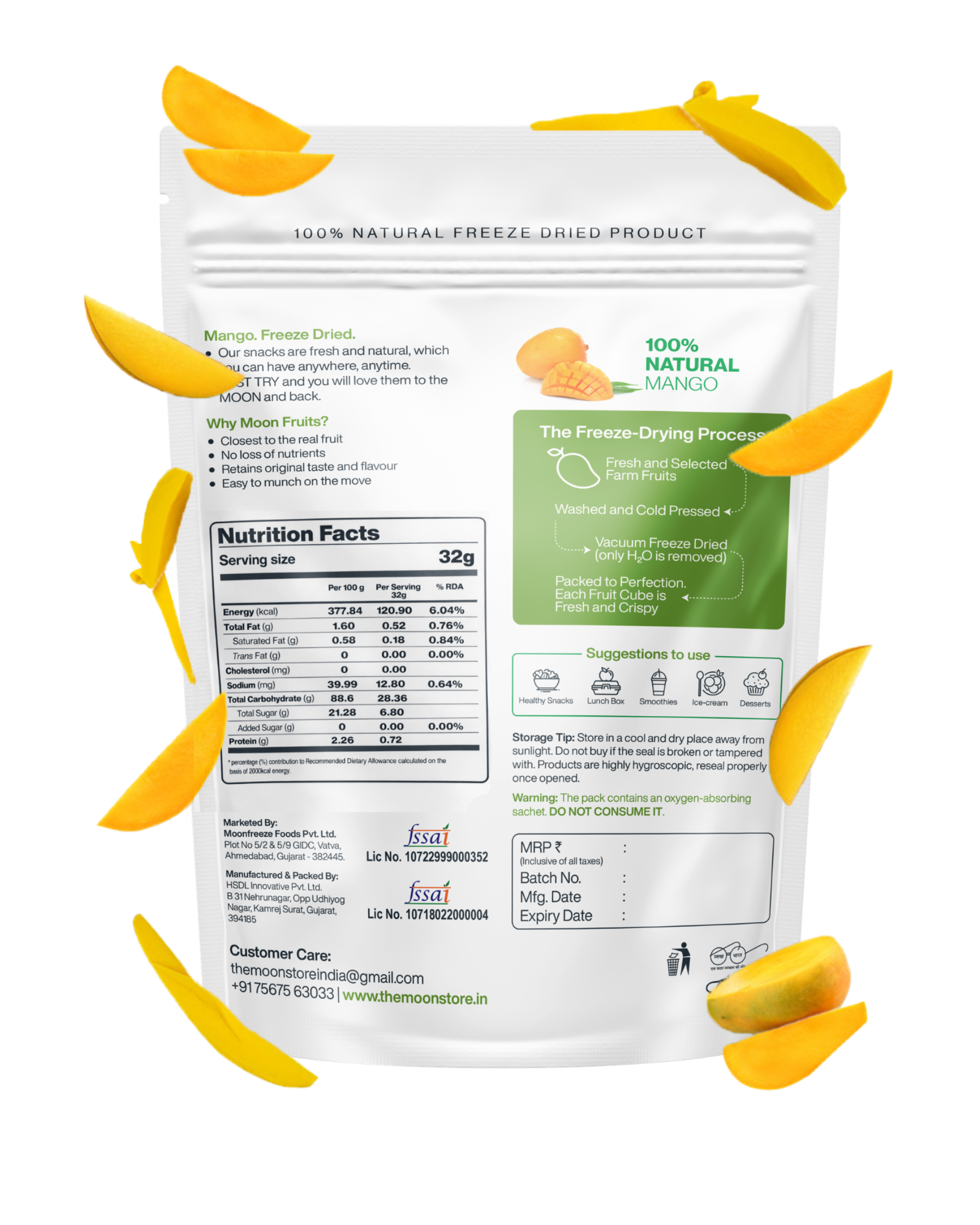 Back of a Moon Freeze Dried Mango Cubes pack by Themoonstoreindia, featuring freeze-dried mango cubes, nutrition facts, product details, the freeze-drying process, and healthy serving suggestions—no added sugar in every delicious slice.