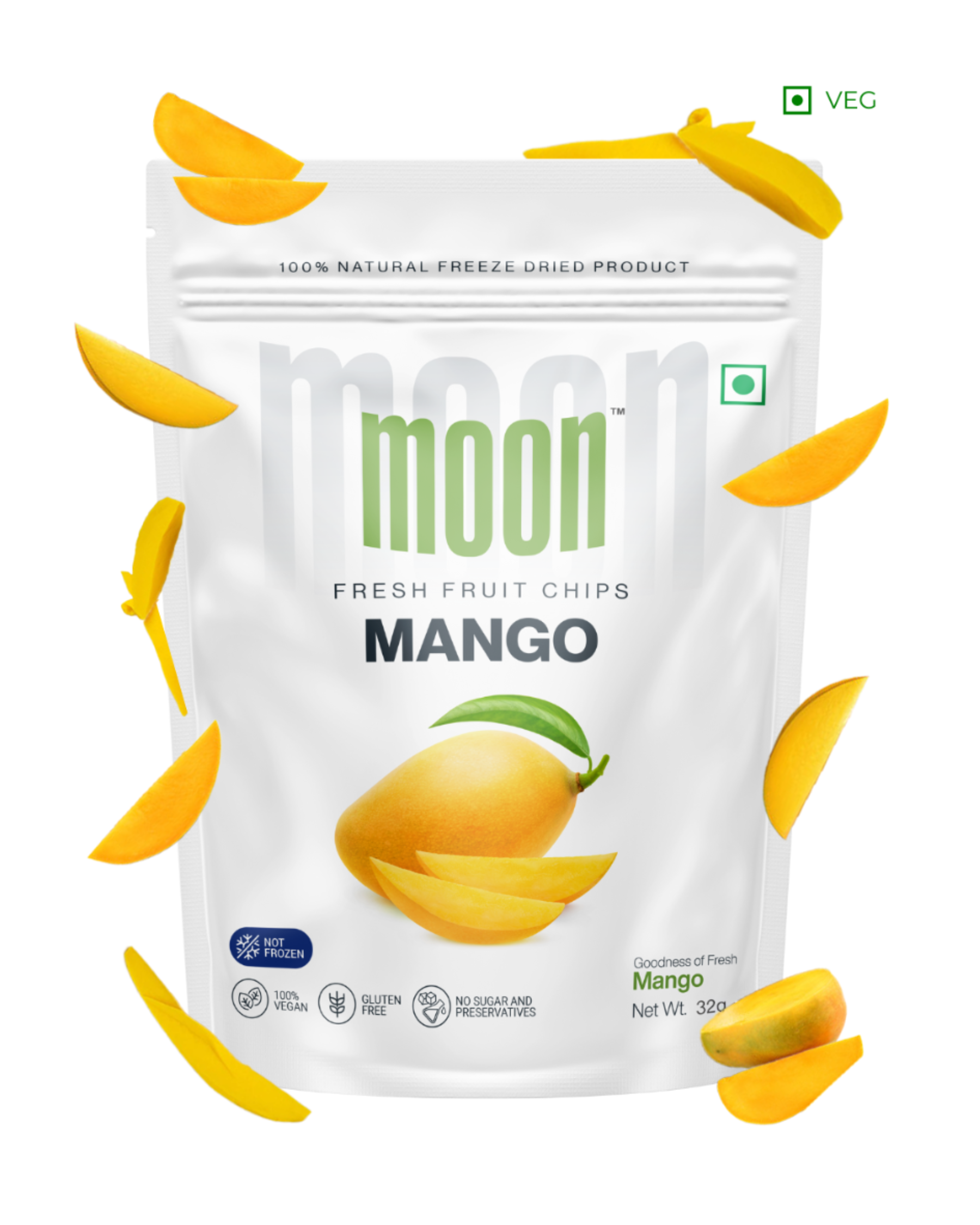 A white pouch of Themoonstoreindia’s Moon Freeze Dried Mango Cubes, surrounded by freeze-dried mango pieces. The packaging highlights it as vegan, gluten-free, with no added sugar—perfect for a healthy snack.