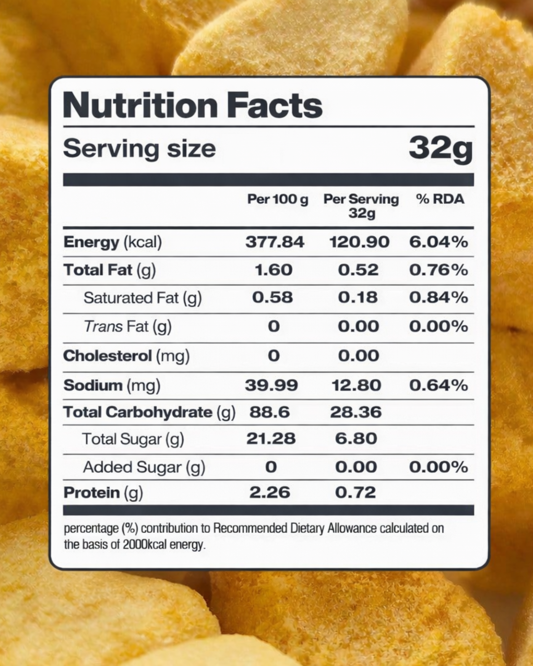 Nutrition facts for Moon Freeze Dried Mango Cubes by Themoonstoreindia: no added sugar; per 100g and 32g serving—calories, fats, sodium, carbs, sugars, protein—compared to daily recommended values. A healthy snacking option.