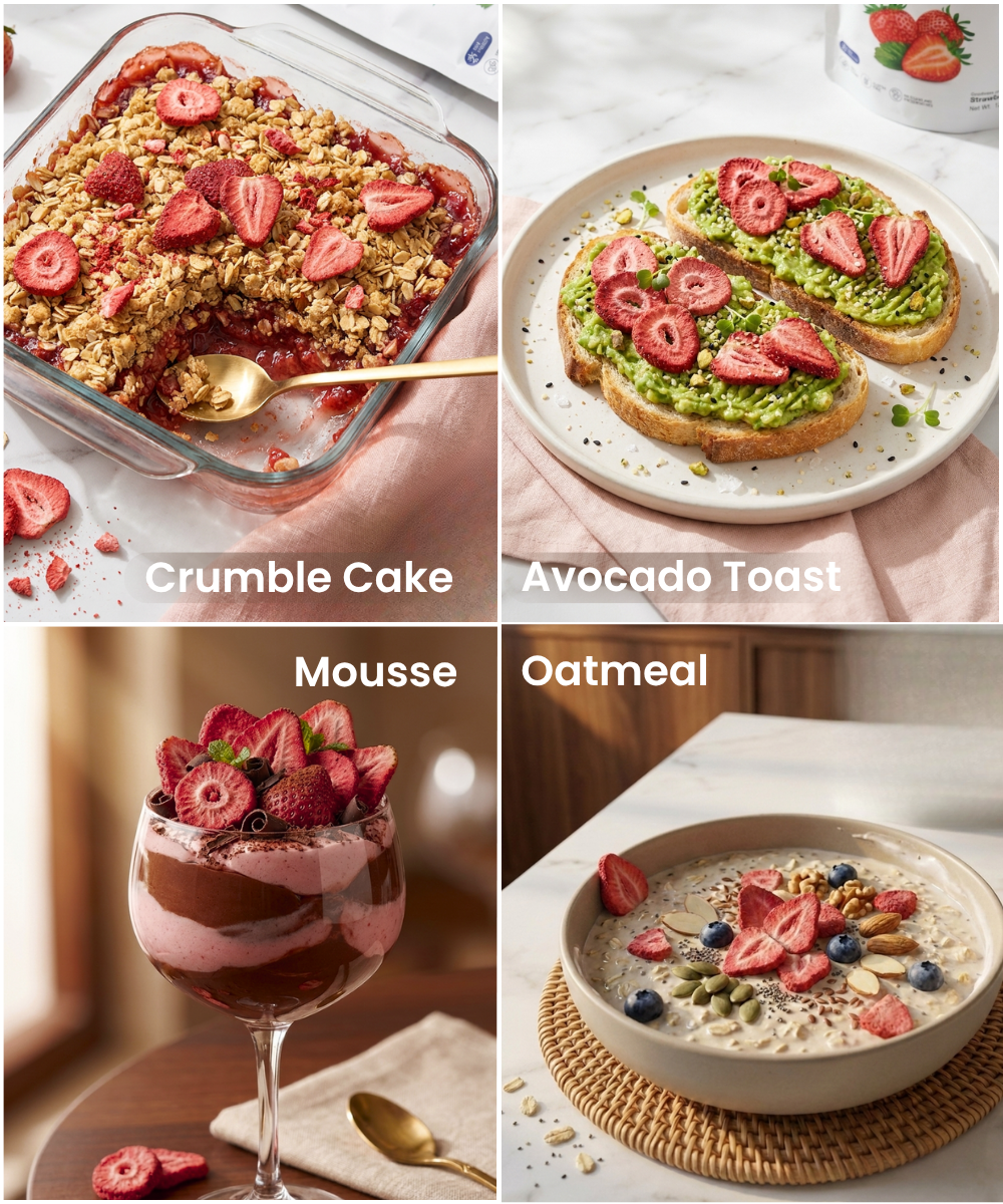 A collage of four dishes—crumble cake, avocado toast, mousse glass, and oatmeal bowl—each topped with Themoonstoreindia Moon Freeze Dried Strawberry and labeled accordingly.