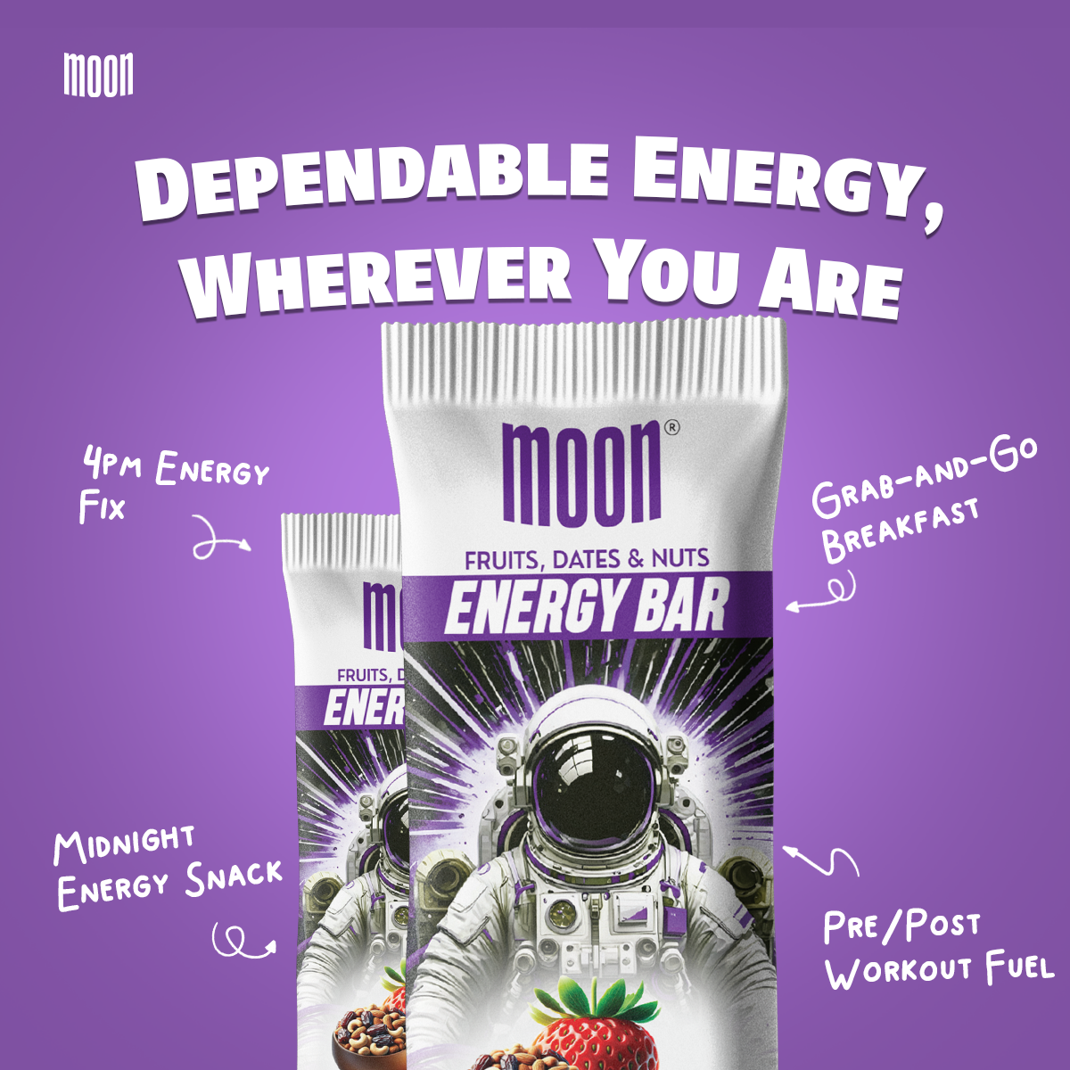 Two MOON Energy Bars - Strawberry (6 Pack) from MOONFREEZE FOODS PRIVATE LIMITED are shown against a purple background with an astronaut illustration on the packaging. Text around the bars highlights uses: 4pm energy fix, midnight energy snack, grab-and-go breakfast, and pre/post workout fuel.