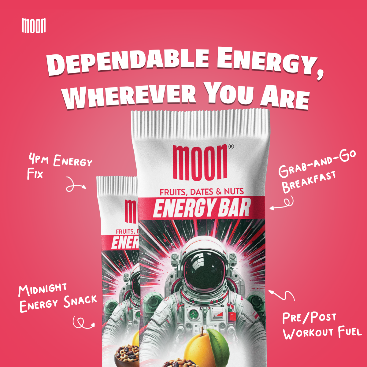 Packaging of MOON Energy Bar - Mango (6 Pack) by MOONFREEZE FOODS PRIVATE LIMITED features text highlighting benefits such as "4pm Energy Fix," "Grab-and-Go Breakfast," "Midnight Energy Snack," and "Pre/Post Workout Fuel." Made with freeze-dried fruits, this meal replacement is perfect for any time. Background is bright pink.