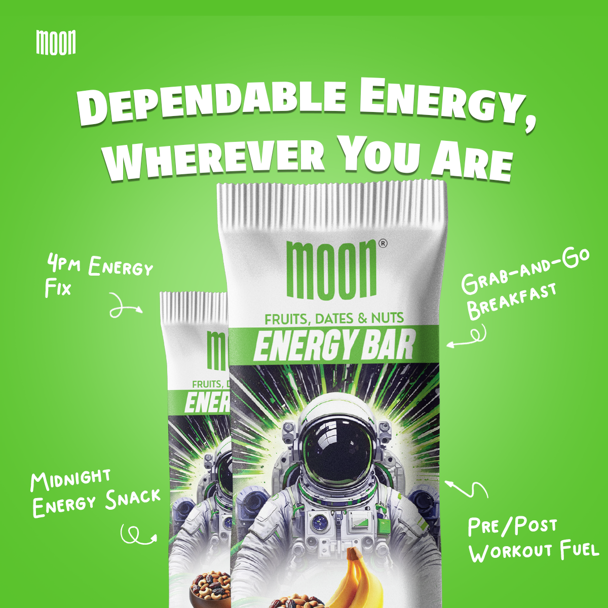 Two packages of MOONFREEZE FOODS PRIVATE LIMITED's MOON Energy Bar - Variety Pack with an astronaut theme, accompanied by text highlighting uses such as an energy boost, convenient breakfast option, midnight snack, and pre/post workout fuel. Infused with real fruit goodness and crunchy freeze-dried pineapples for that cosmic lift!