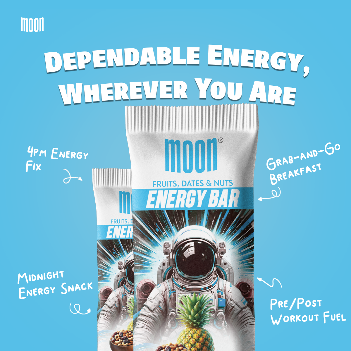 A promo image for MOONFREEZE FOODS PRIVATE LIMITED's MOON Energy Bar - Pineapple (6 Pack) features space-themed packaging with an astronaut. The text highlights its usage as a 4pm energy fix, grab-and-go breakfast, midnight energy snack, and pre/post workout fuel—all made with natural ingredients and high in fiber.