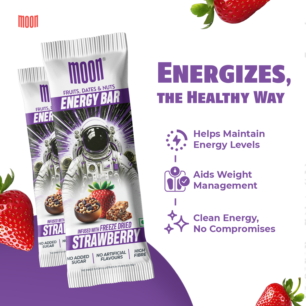 Image of two MOON Energy Bars - Strawberry (6 Pack) by MOONFREEZE FOODS PRIVATE LIMITED in futuristic astronaut-themed packaging. Text highlights benefits: helps maintain energy levels, aids weight management, and provides clean energy.