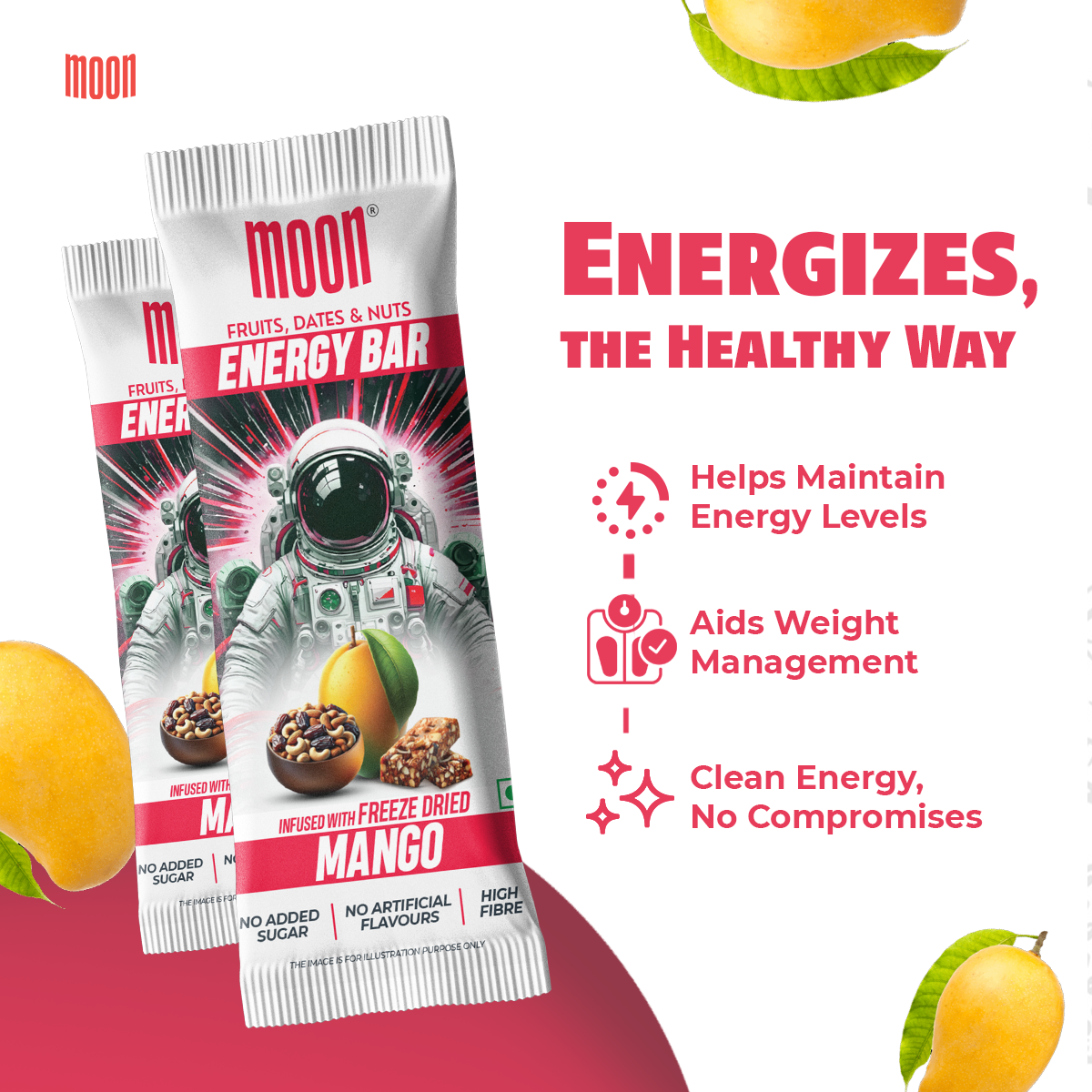 The packaging of the MOON Energy Bar - Variety Pack by MOONFREEZE FOODS PRIVATE LIMITED features an astronaut and a mango, highlighting benefits like energy maintenance and weight management. Crafted with real fruit such as freeze-dried pineapples, it delivers clean energy free from additives or artificial flavors.
