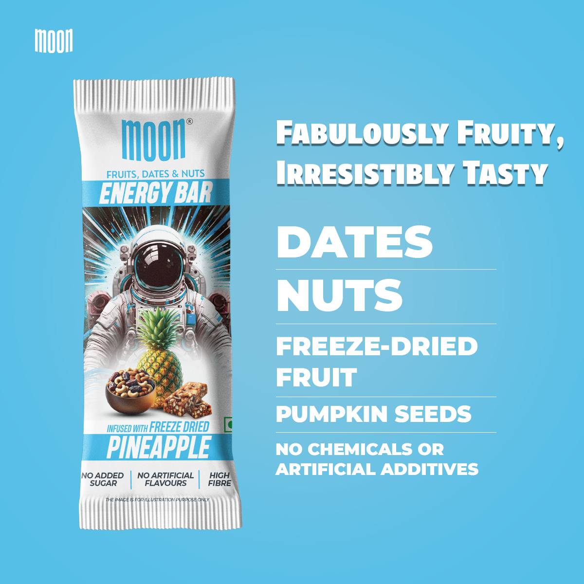 The packaging of the MOON Energy Bar - Variety Pack by MOONFREEZE FOODS PRIVATE LIMITED features an astronaut holding a pineapple in outer space. The text highlights its ingredients: dates, nuts, freeze-dried pineapples, pumpkin seeds, and real fruit. It proudly claims no added sugar, chemicals, or artificial additives.