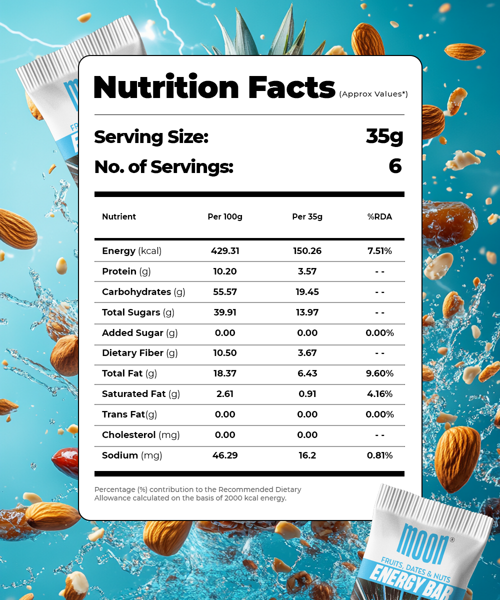 Nutrition facts label for the MOON Energy Bar - Pineapple (6 Pack) from MOONFREEZE FOODS PRIVATE LIMITED with a serving size of 35g and 6 servings per package. The label lists energy, protein, carbohydrates, sugars, fat, dietary fiber, cholesterol, and sodium content per serving. Contains freeze-dried fruits to make it an ideal meal replacement.