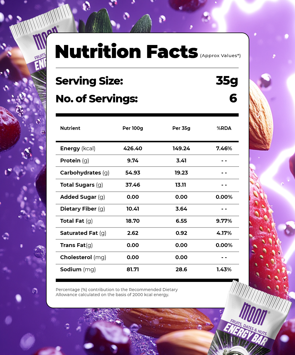 Nutrition facts label for MOON Energy Bar - Strawberry (6 Pack) by MOONFREEZE FOODS PRIVATE LIMITED. Serving Size: 35g. Contains 6 servings. Lists calories, macronutrients, and other nutritional information per 100g and per 35g.