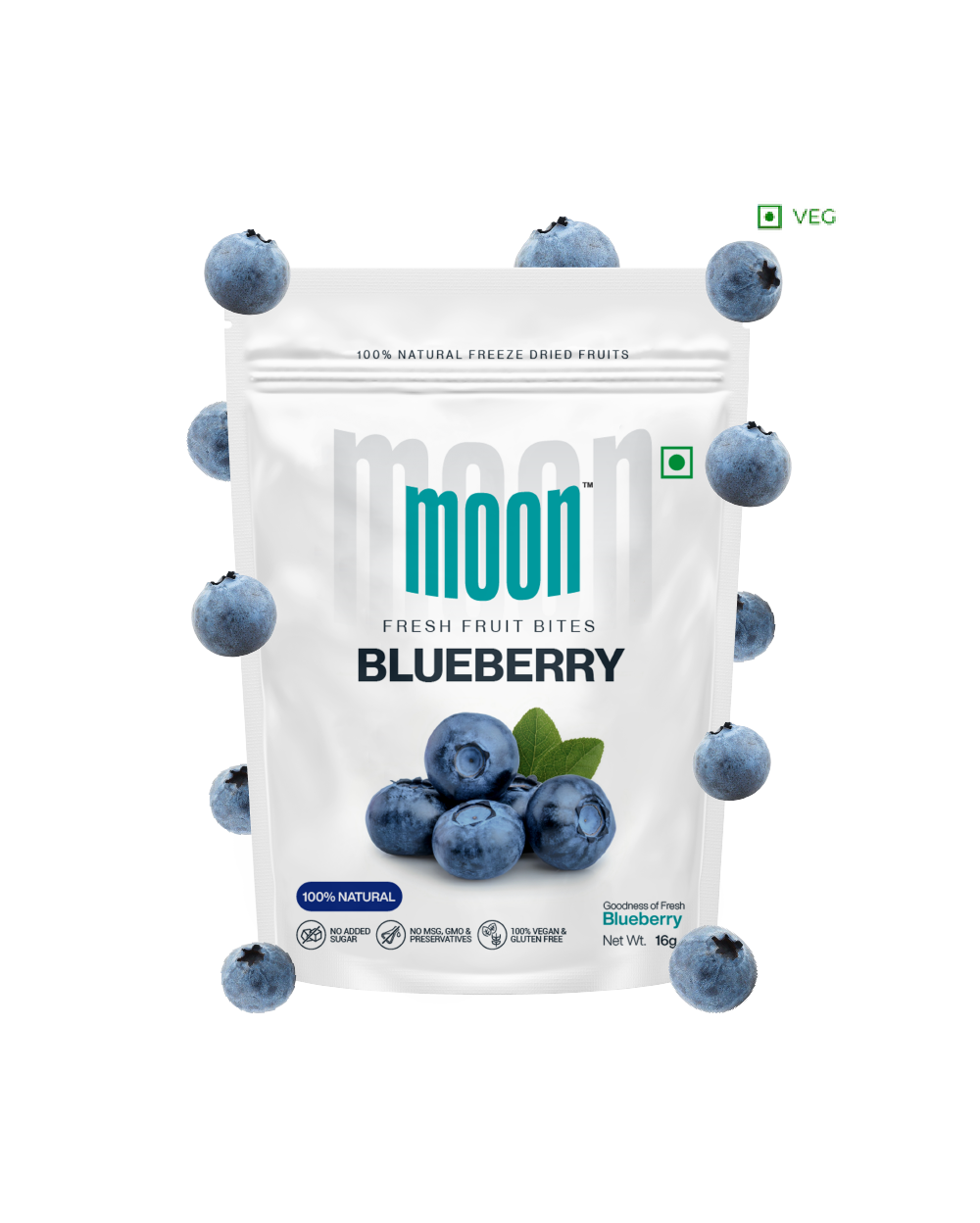 A bag of Themoonstoreindia Moon Freeze Dried Blueberry powder surrounded by fresh blueberries.