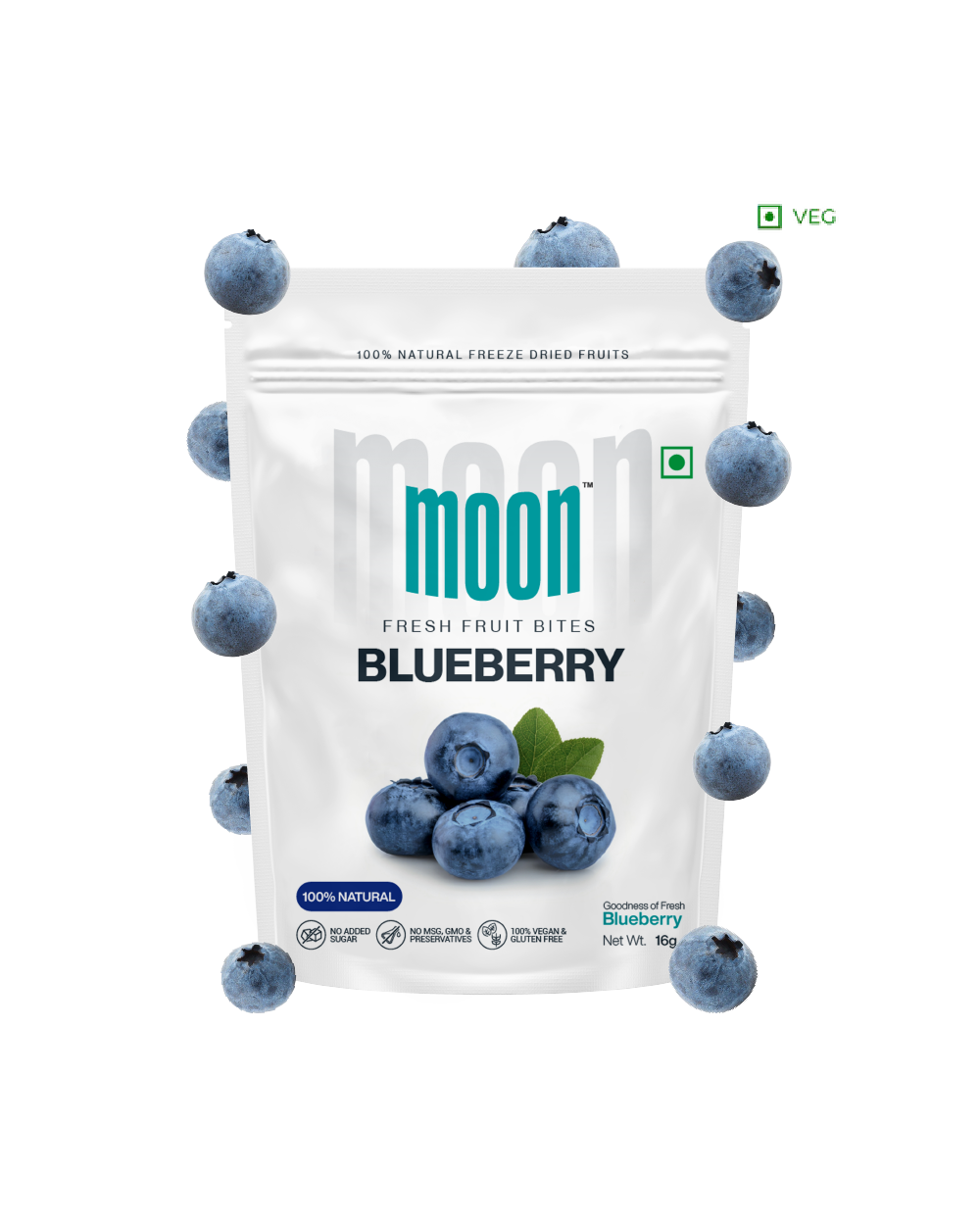 Fresh Fruit Bites in Blueberry flavor, with floating blueberries surrounding the package, the product's fresh and natural essence.