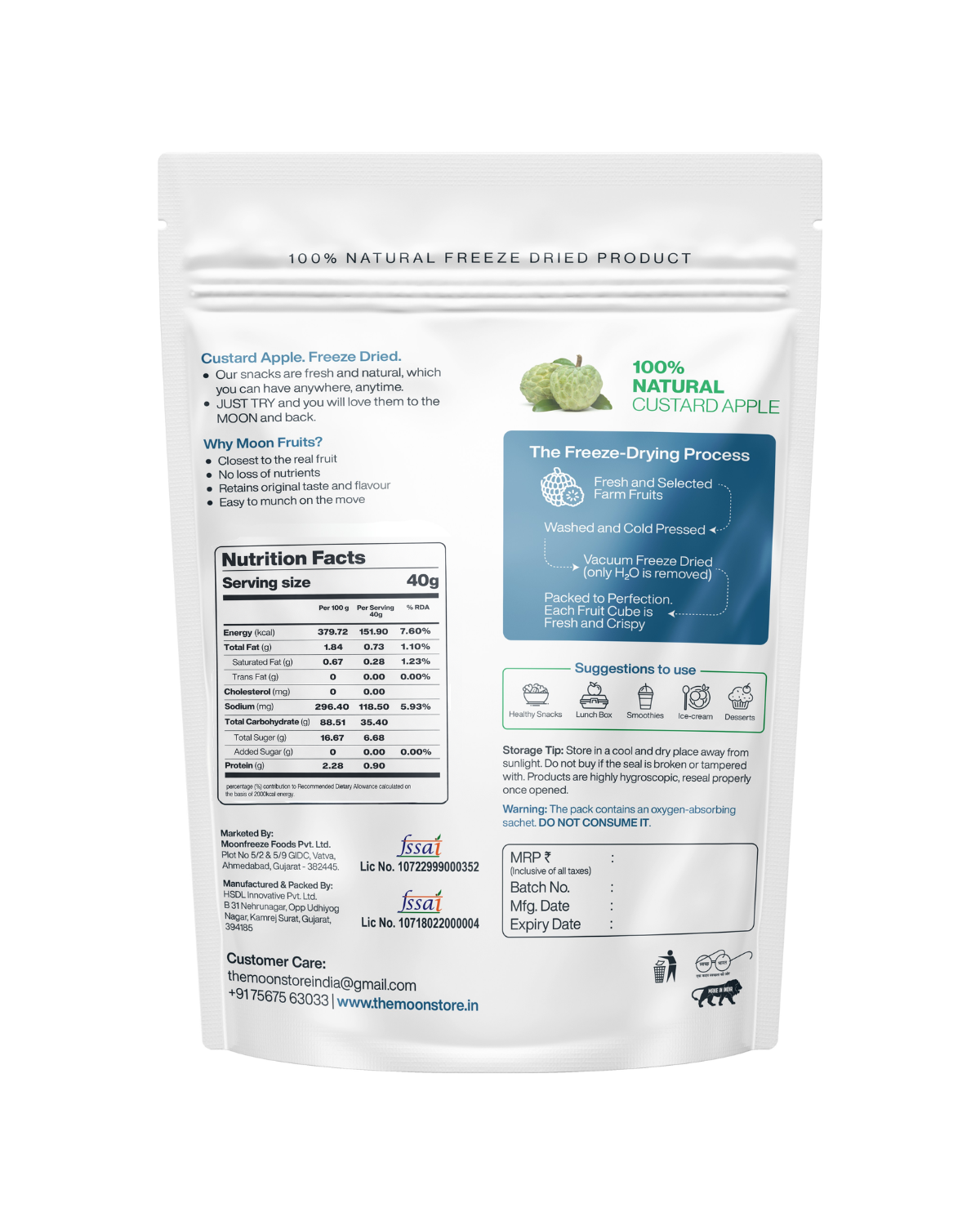 Back of a white Moon Freeze Dried Custard Apple Cubes pack by Themoonstoreindia: 100% natural, no added sugar, includes nutrition facts, freeze-drying process, storage tips, and contact info.