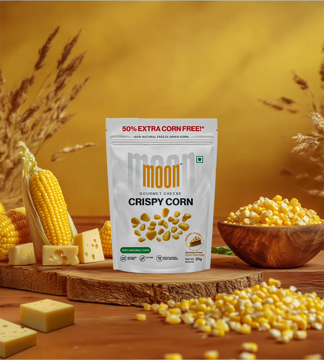 A bag of "Freeze Dried Crispy Corn Gourmet Cheese" by MOONFREEZE FOODS PRIVATE LIMITED stands proudly on a table, surrounded by corn kernels, gourmet cheese blocks, and vibrant yellow flowers, celebrating its delightful plant-based crunch.