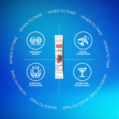 Image on a blue gradient background showing a "Moon Lunar Watermelon Hydration Stick Pack of 2" by MOONFREEZE FOODS PRIVATE LIMITED in the center. Surrounding it are icons: "Workout Boost," "Travel Hydration," "Everyday Hydration," and "After the After-Party." This electrolyte-rich, vitamin-infused pack offers the ultimate watermelon hydration booster.
