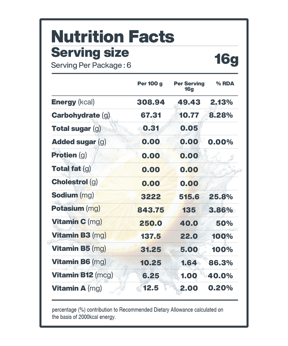 Nutrition facts label highlighting serving size, calorie content, and percentages of recommended daily values for various nutrients, including electrolytes for Moon Lemon Lunar Hydration Booster- Pack of 3 by MOONFREEZE FOODS PRIVATE LIMITED.