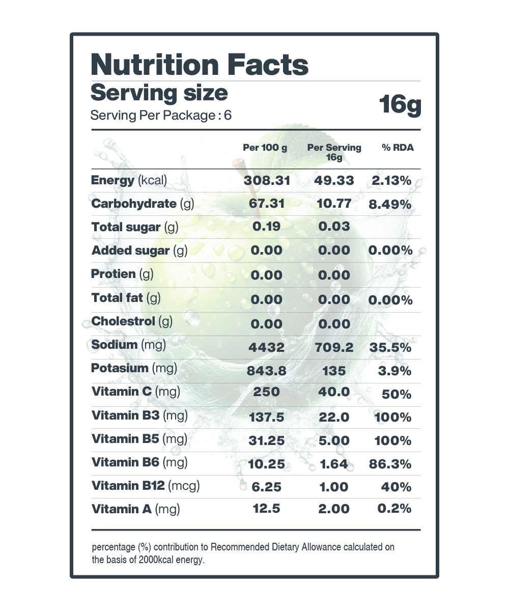 A nutrition facts label displaying information about serving size, calories, electrolytes, and nutrient content for Moon Lunar Green Apple Hydration Booster - Pack of 3 from MOONFREEZE FOODS PRIVATE LIMITED.