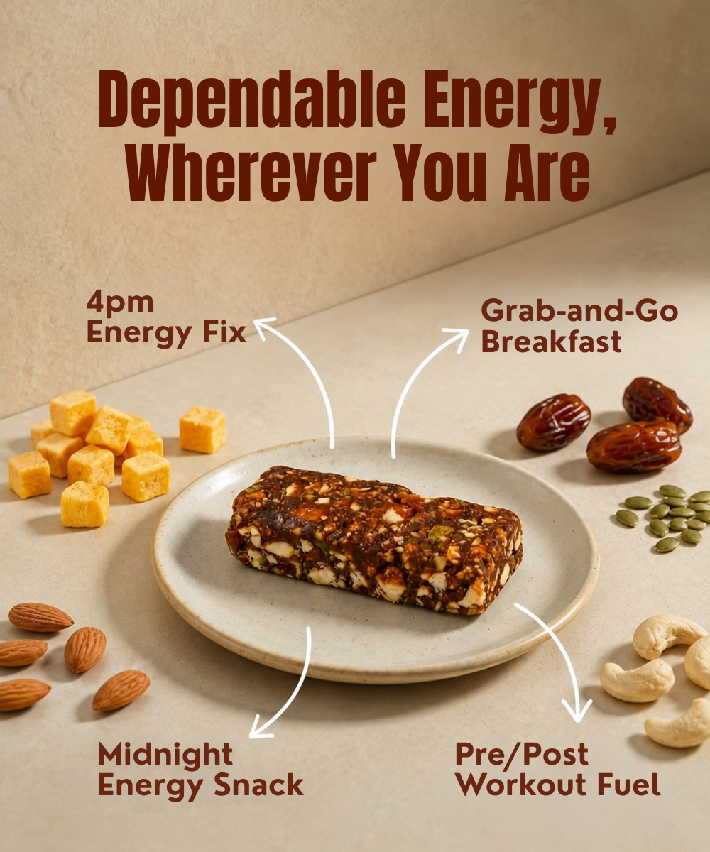 The MOON Energy Bar - Mango by MOONFREEZE FOODS PRIVATE LIMITED sits on a plate with cheese cubes, dates, pumpkin seeds, almonds, cashews, and freeze-dried mango—ideal as a snack, meal replacement, or anytime energy boost.