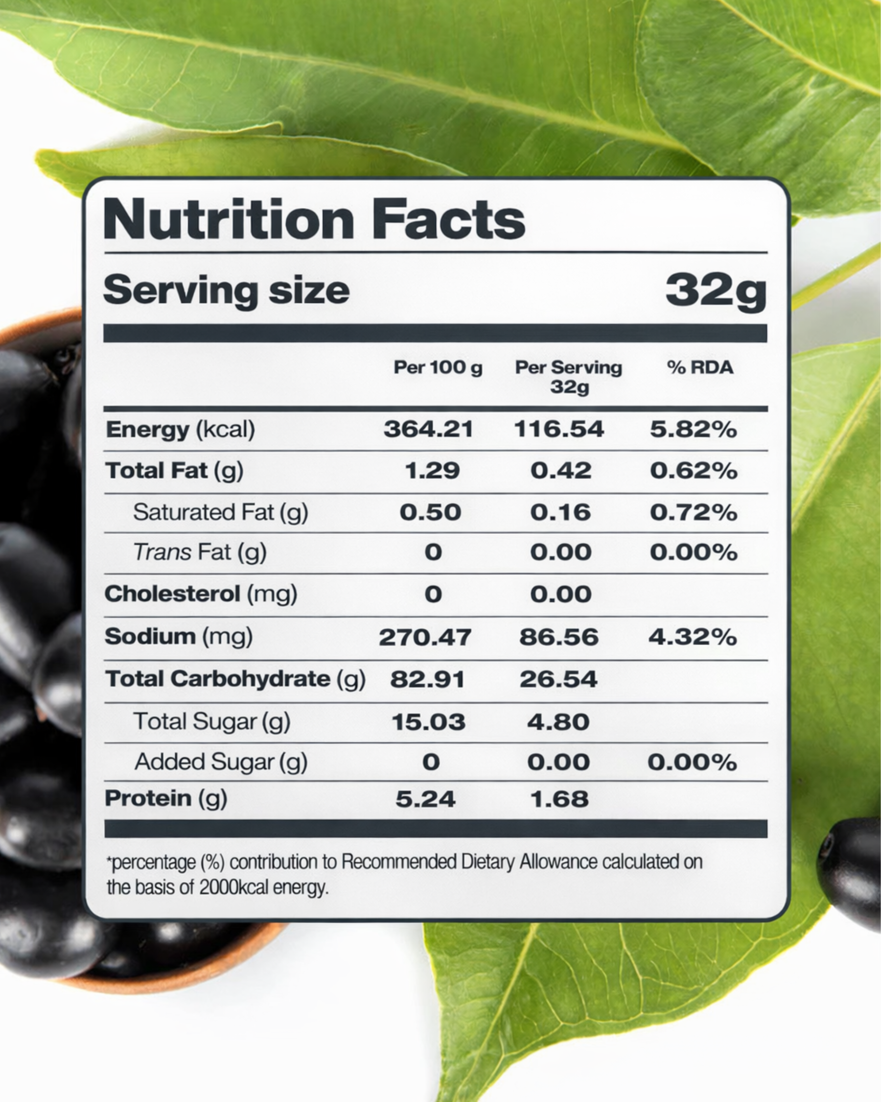 Themoonstoreindia’s Moon Freeze Dried Jamun Cubes display a 32g nutrition label on green leaves and black berries, highlighting energy, fat, carbs, sugar, and protein—an ideal natural remedy for sugar cravings and metabolism boost.