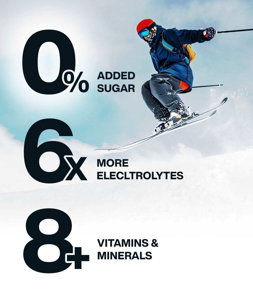 A skier soars through a snowy backdrop with text: "No Added Sugar, Essential Electrolytes, 6x More Electrolytes, 8+ Vitamins & Minerals." Try Lunar Hydration Booster - Strawberry Flavour by MOONFREEZE FOODS PRIVATE LIMITED for peak performance.
