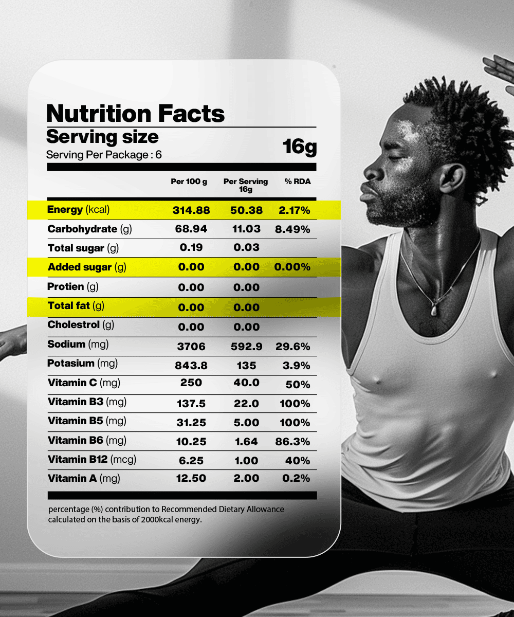 A man exercises in black and white, highlighting the Lunar Hydration Booster – Blueberry Flavour by MOONFREEZE FOODS PRIVATE LIMITED. Nutrition facts show calories, carbohydrates, and essential electrolytes. A table emphasizes the B-vitamin complex's importance for optimal performance.