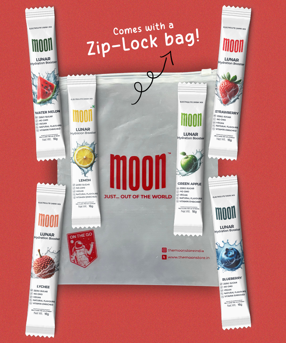 A Lunar Hydration Booster Variety Pack by MOONFREEZE FOODS PRIVATE LIMITED, featuring five fruit-flavored sachets and a zip-lock bag, sits on a red background. This set ensures essential electrolytes with every sip.
