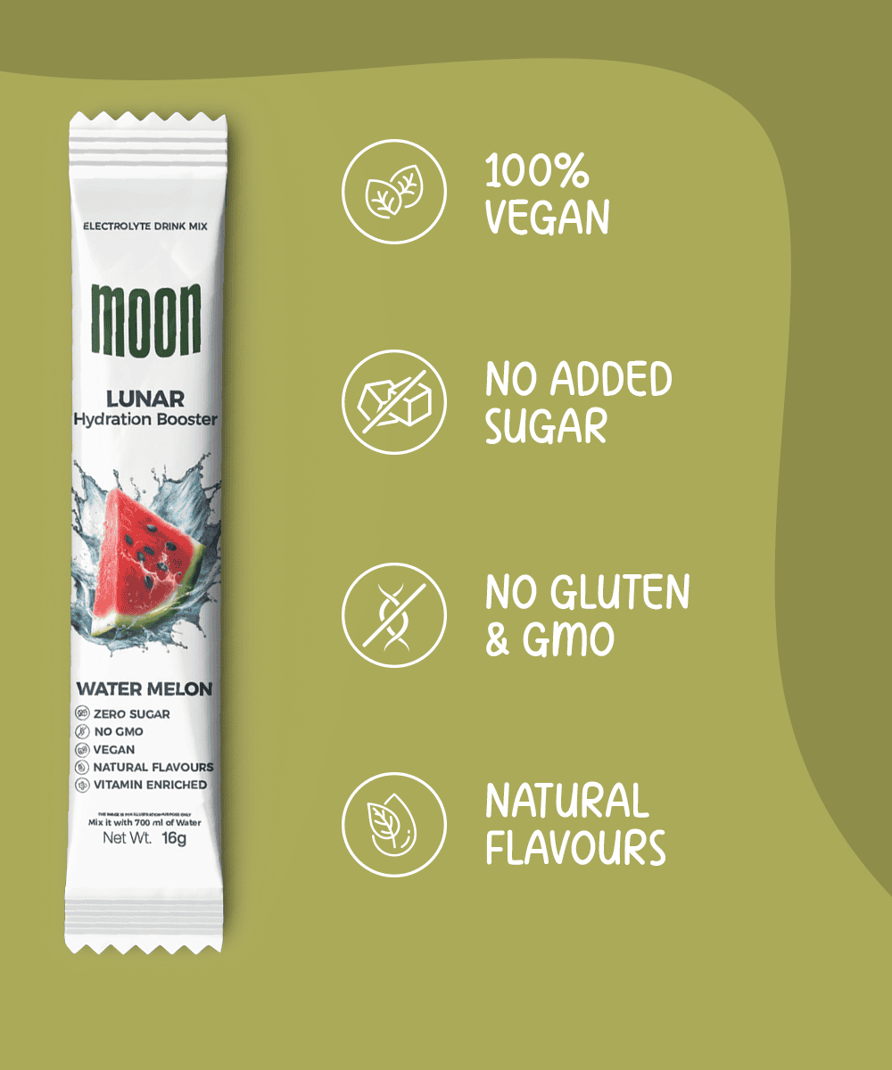 MOONFREEZE FOODS PRIVATE LIMITED's Lunar Hydration Booster - Watermelon is an electrolyte drink mix sachet with essential electrolytes and a B-vitamin complex. It's vegan, sugar-free, gluten-free, GMO-free in a 16g green icon-adorned package.