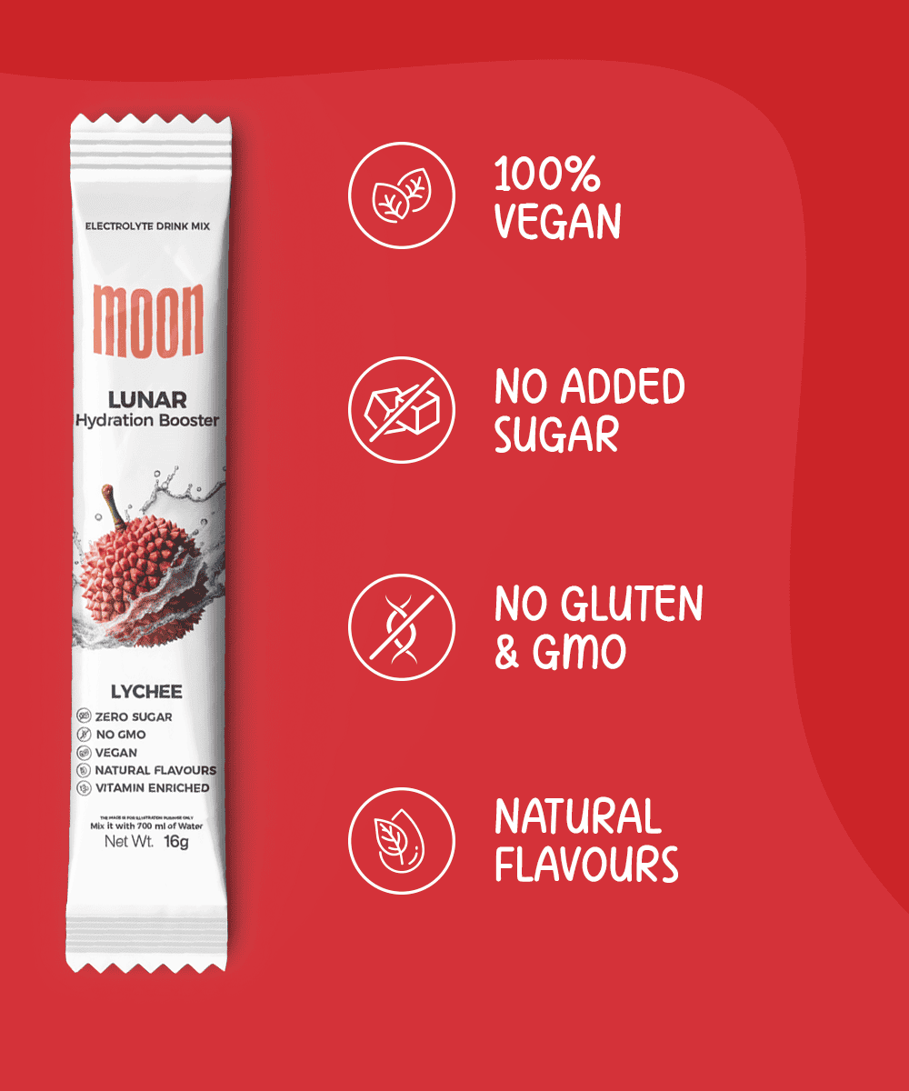 MOONFREEZE FOODS' Lunar Hydration Booster - Lychee Flavour is enriched with essential electrolytes and a B-vitamin complex, highlighted for being 100% vegan, with no added sugar or gluten, GMO-free, and made with natural flavors.
