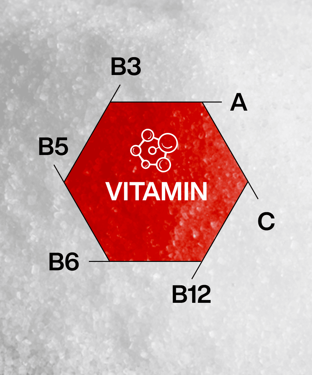 An image features a red hexagon with "VITAMIN" in white, encircled by A, B3, B5, B6, B12, and C labels on a textured gray backdrop. This Lunar Hydration Booster - Strawberry Flavour by MOONFREEZE FOODS is rich in essential electrolytes for natural body replenishment.
