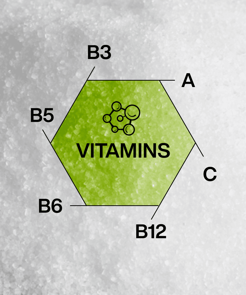 A hexagonal "VITAMINS" diagram on a green background features B-vitamin complex labels A, C, B3, B5, B6, and B12. The speckled gray-textured backdrop adds a celestial touch to MOONFREEZE FOODS' Lunar Hydration Booster - Green Apple Flavour concept.