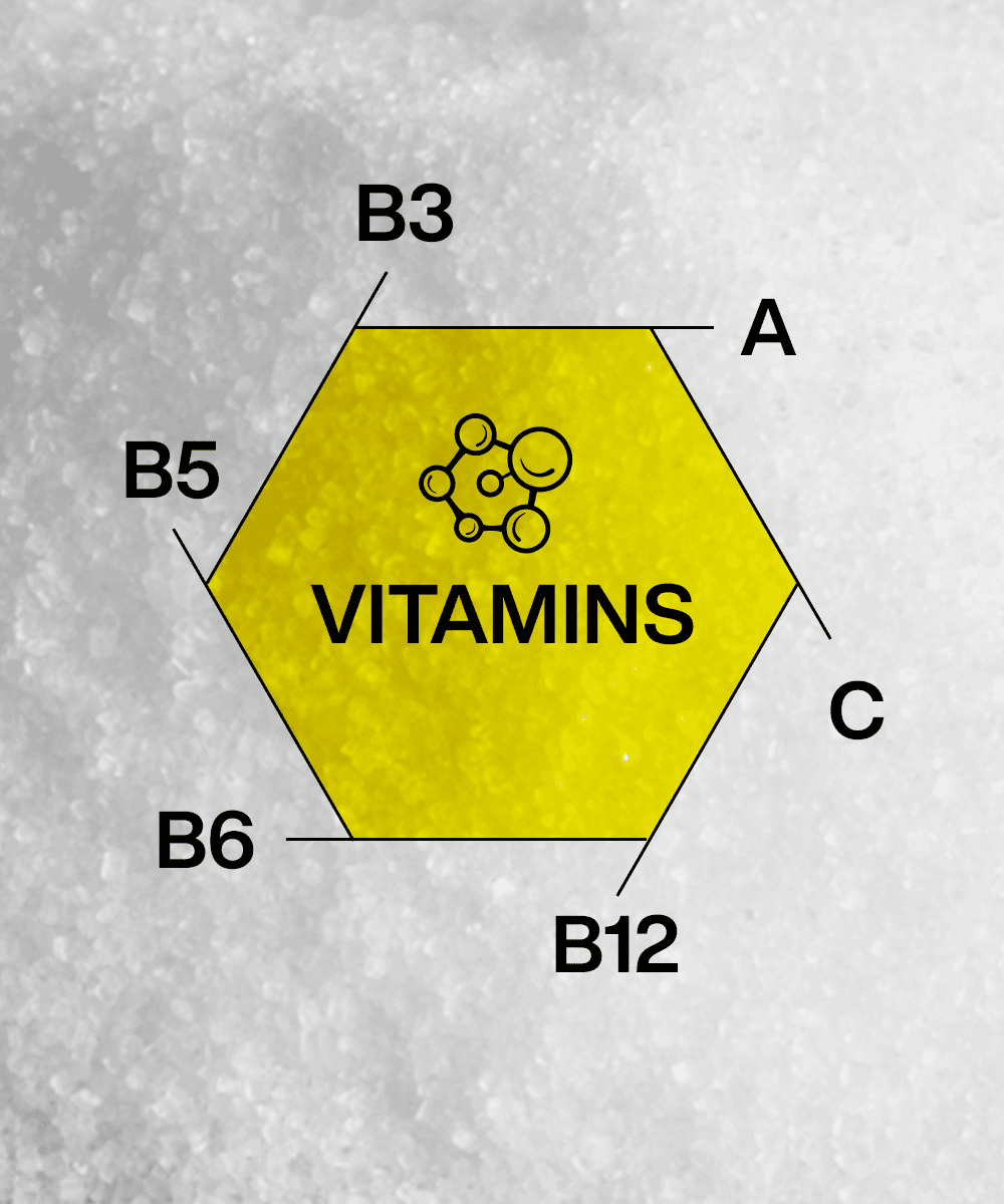 A textured gray backdrop showcases a yellow hexagon titled "VITAMINS," featuring A, B3, B5, B6, B12, and C. An illustration depicts the molecular structure emphasizing the power of the B-vitamin complex in MOONFREEZE FOODS PRIVATE LIMITED's Lemon Flavour Lunar Hydration Booster.