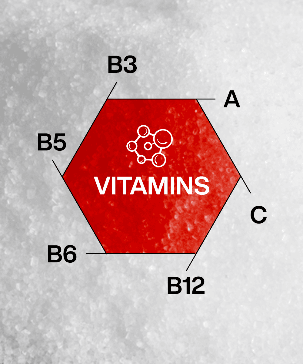 A red hexagon labeled "VITAMINS" with chemical symbols contrasts a textured gray background, suggesting a B-vitamin complex in the Lunar Hydration Booster - Variety Pack by MOONFREEZE FOODS PRIVATE LIMITED.