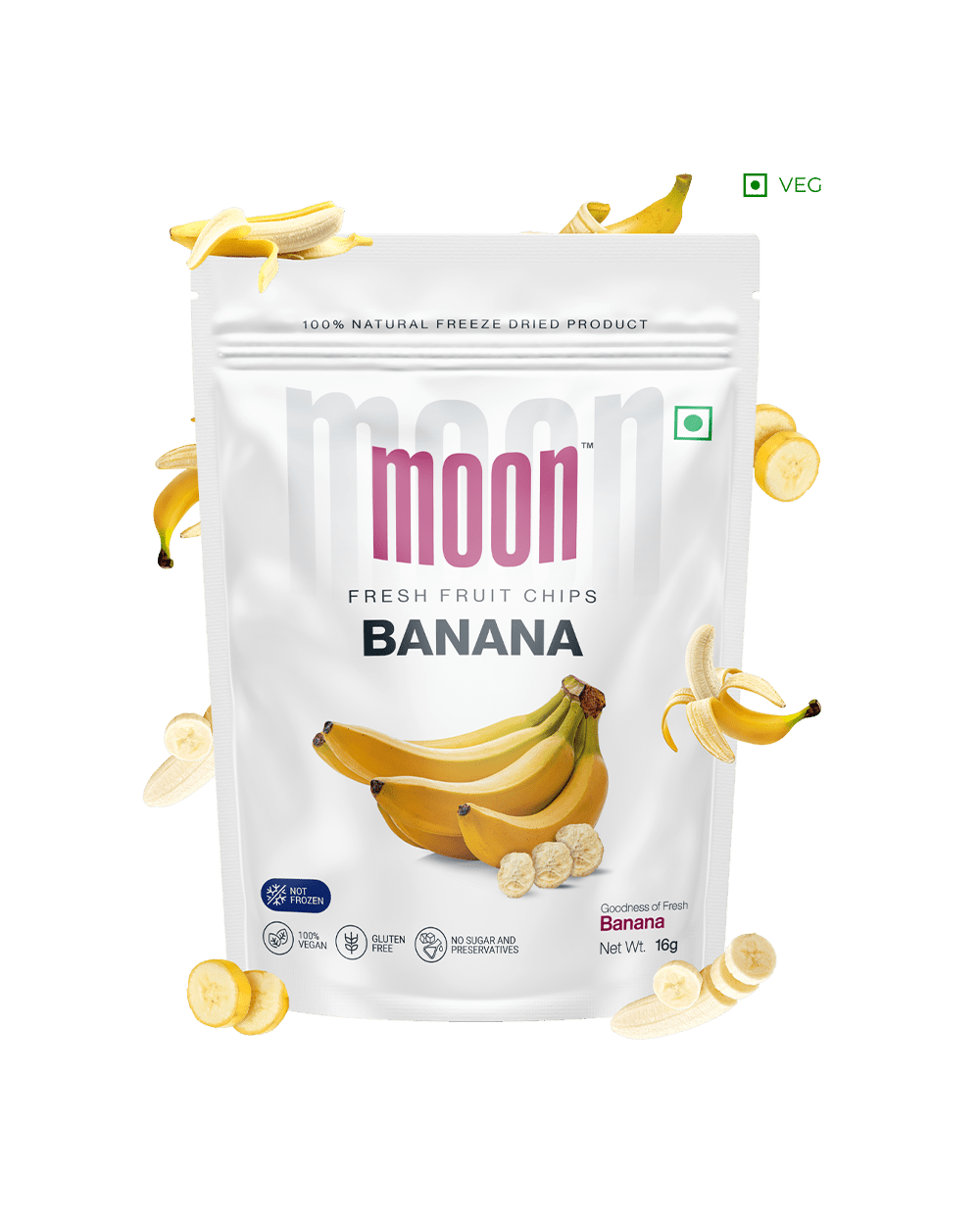 Fresh Fruit Chips in Banana flavor, with floating banana slices around the package, emphasizing the light, airy, and natural quality of the snack.