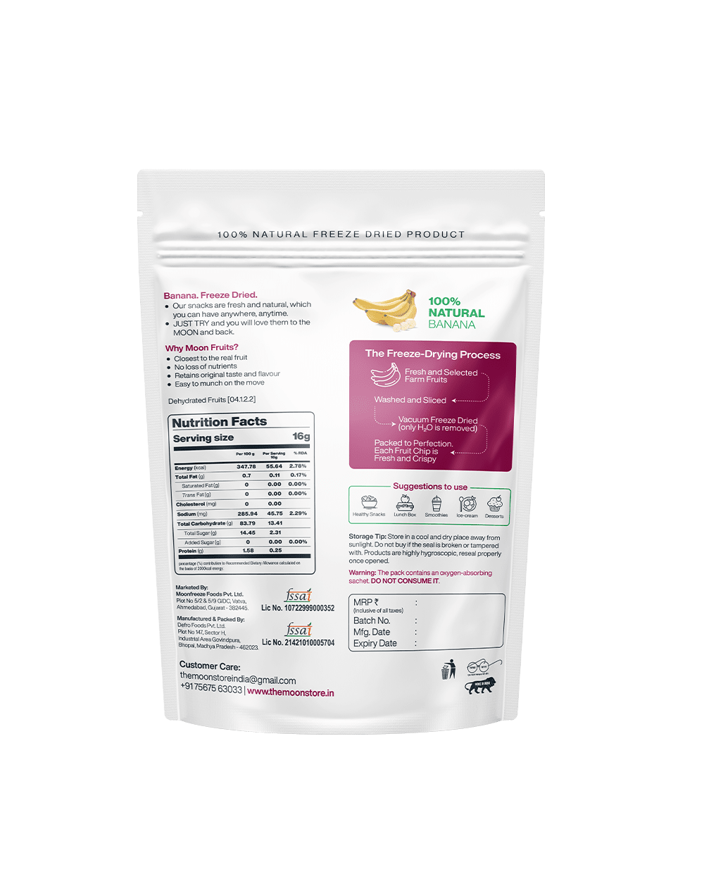 A bag of Themoonstoreindia Moon Freeze Dried Banana protein powder on a white background.