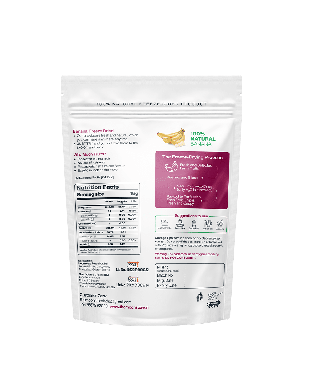 Freeze-Dried Banana Chips package, detailing the freeze-drying process, nutritional facts, and benefits of the 100% natural banana product.