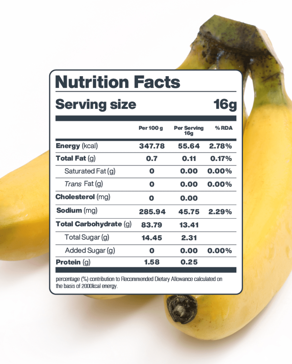 Nutritional facts label for Freeze-Dried Banana Chips, displaying energy, fats, carbohydrates, sugars, and protein content per 16g serving size.