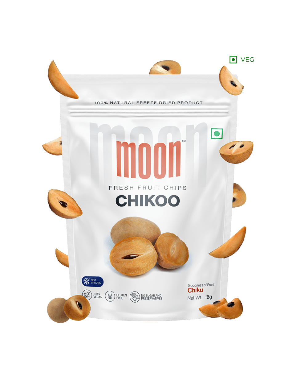 Fruit Chips in Chikoo flavor, with floating Chikoo slices surrounding the package, the natural and fresh essence of the product.