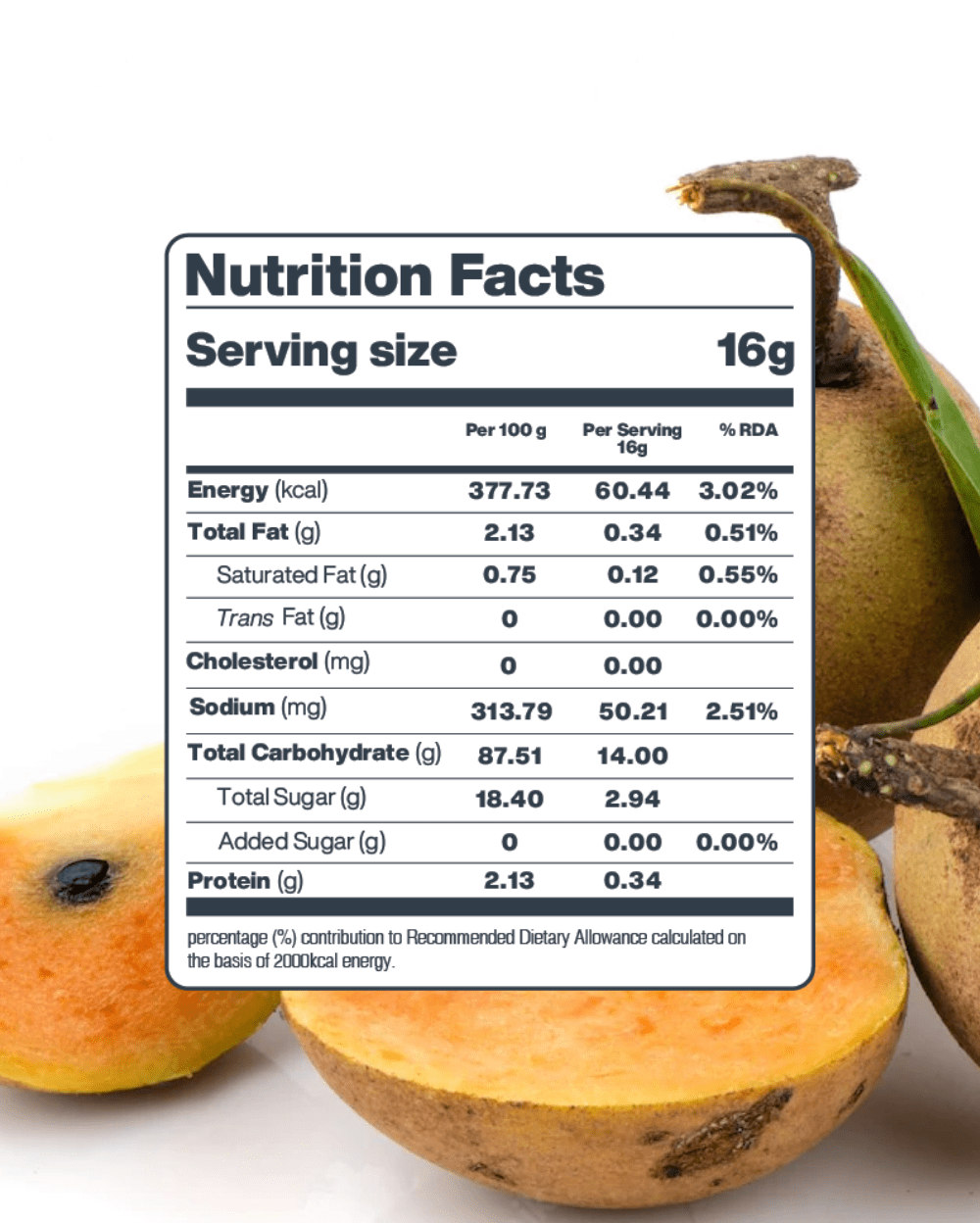 Nutritional facts label for Freeze-Dried Chikoo Chips, showing energy, fats, carbohydrates, sugars, and protein content per 16g serving size.
