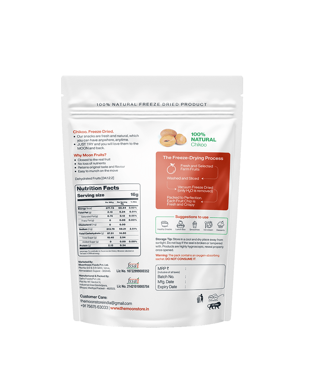 Freeze-Dried Chikoo Chips package, detailing the freeze-drying process, nutritional facts, and the benefits of the 100% natural Chikoo product.