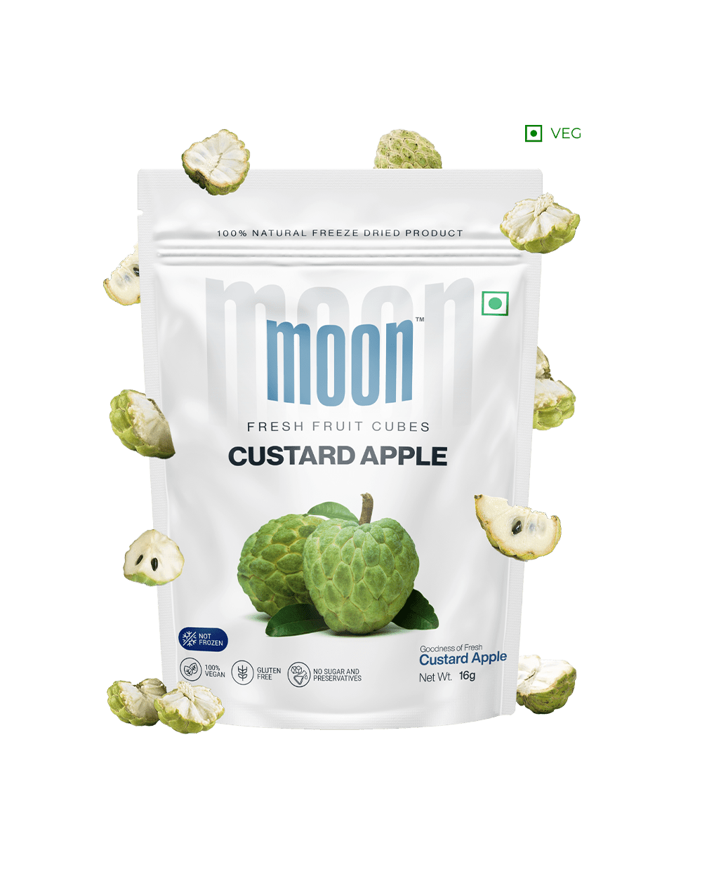 Freeze-Dried Custard Apple Cubes, 16g pack, surrounded by naturally dried fruit slices.