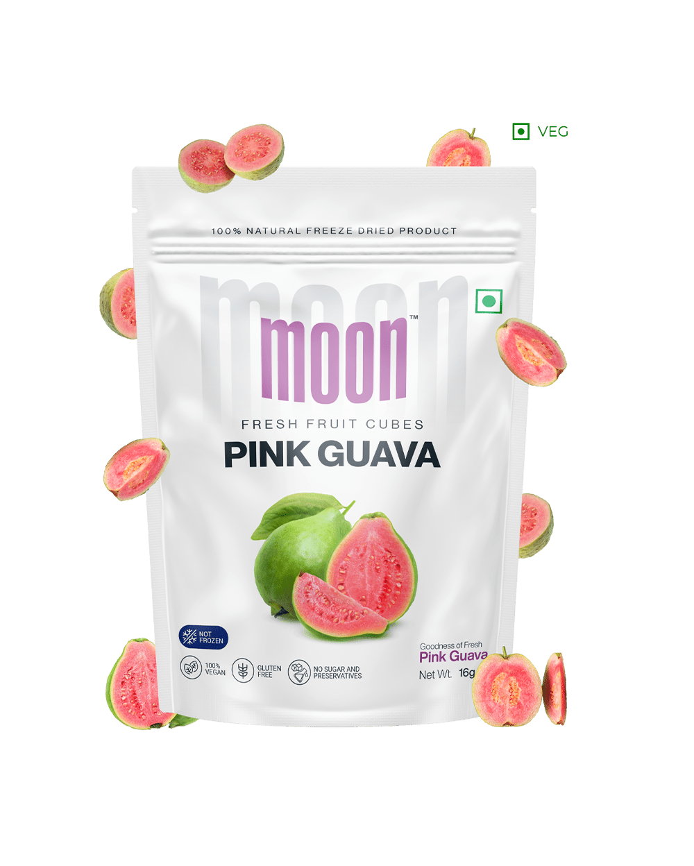 Pink Guava fresh fruit cubes with floating guava slices around the package.