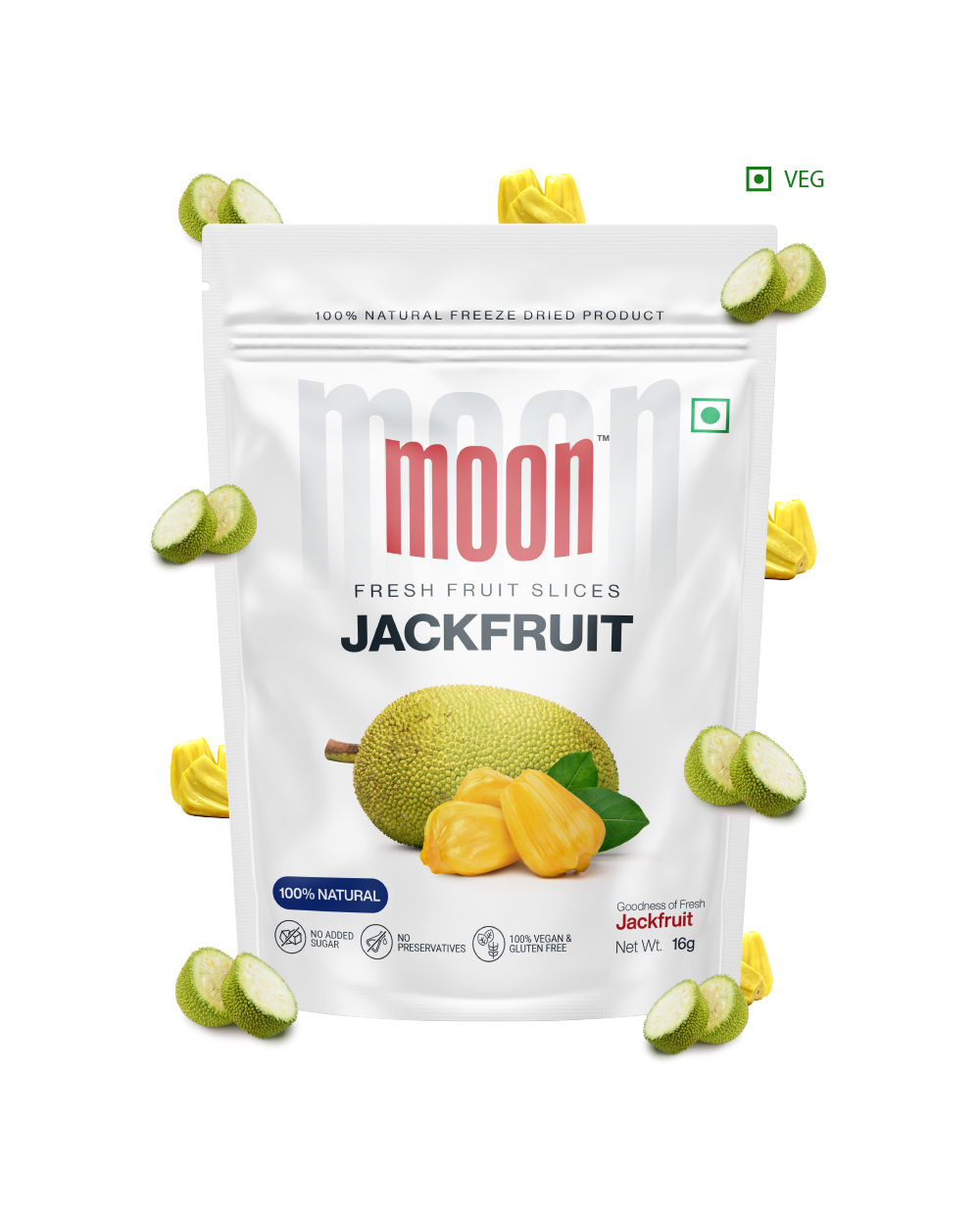 A package of "Moon Freeze Dried Jackfruit" by Themoonstoreindia, featuring freeze-dried jackfruit chips. The white pouch highlights the product as 100% natural, with a net weight of 16g and a "VEG" label. Enjoy the health benefits of this delicious snack.