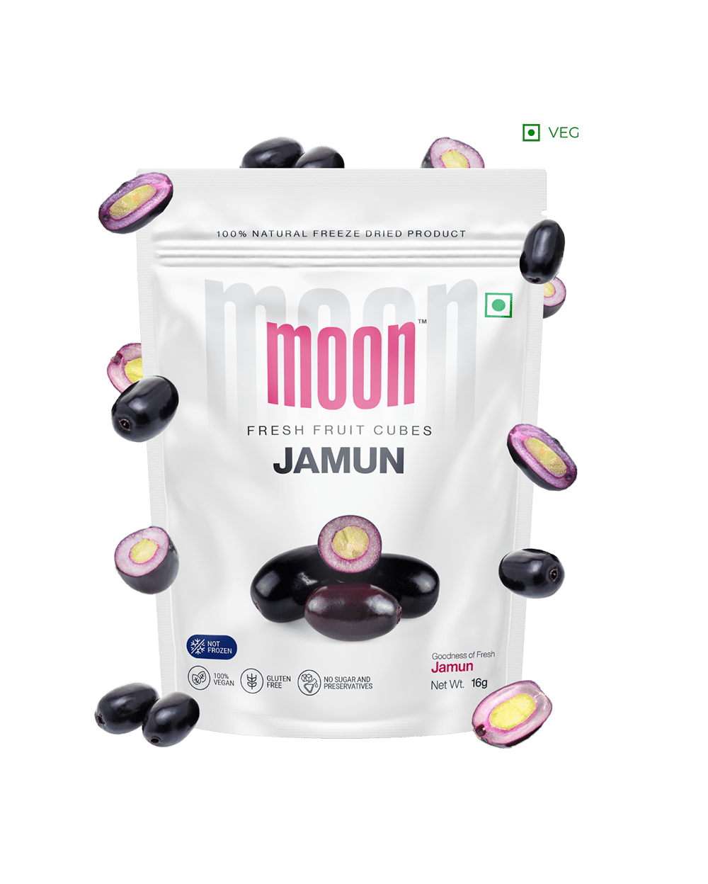 Freeze-Dried Jamun Cubes in packaging with floating fruit slices, showcasing freshness and natural flavor.